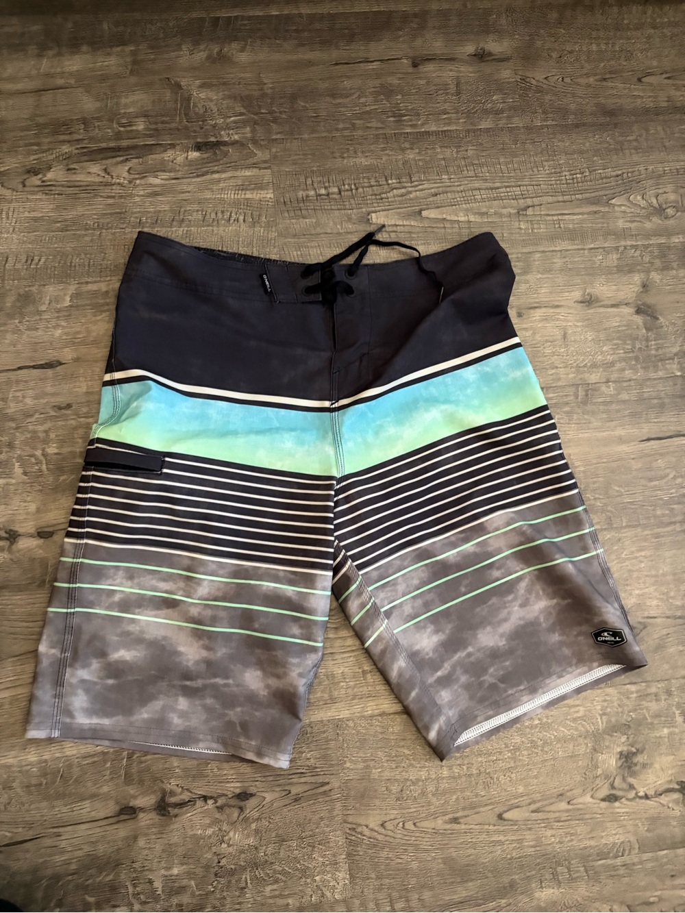 O’ Neill Men's Striped Board Shorts in Black, Teal & Gray
